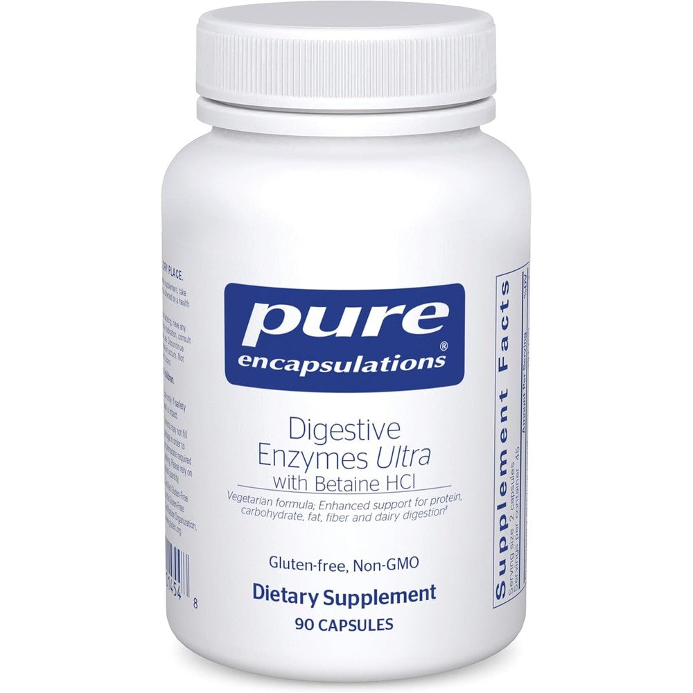 Pure Encapsulations Digestive Enzymes Ultra bottle front view displaying the ninety vegetarian capsules label.