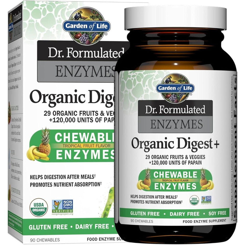 Garden of Life Dr Formulated Organic Digest Plus 90 chewables bottle front view showcasing organic digestive enzymes for gut health.