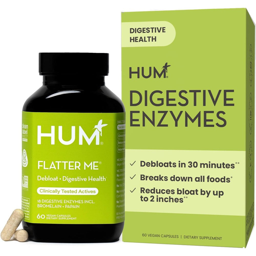 HUM Flatter Me Digestive Enzymes 60 capsules front view bottle with green label