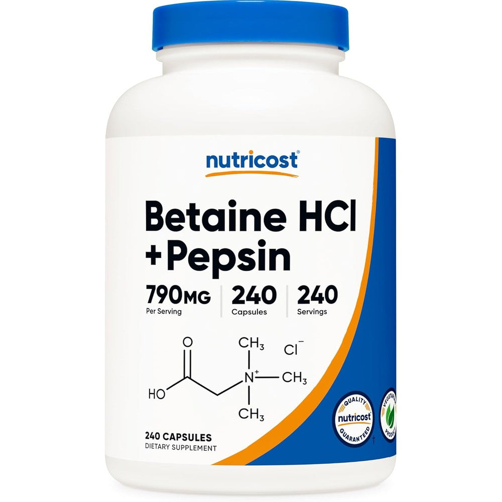 Nutricost Betaine Hydrochloric Acid Plus Pepsin 790 milligrams 240 capsules front bottle view for digestive support