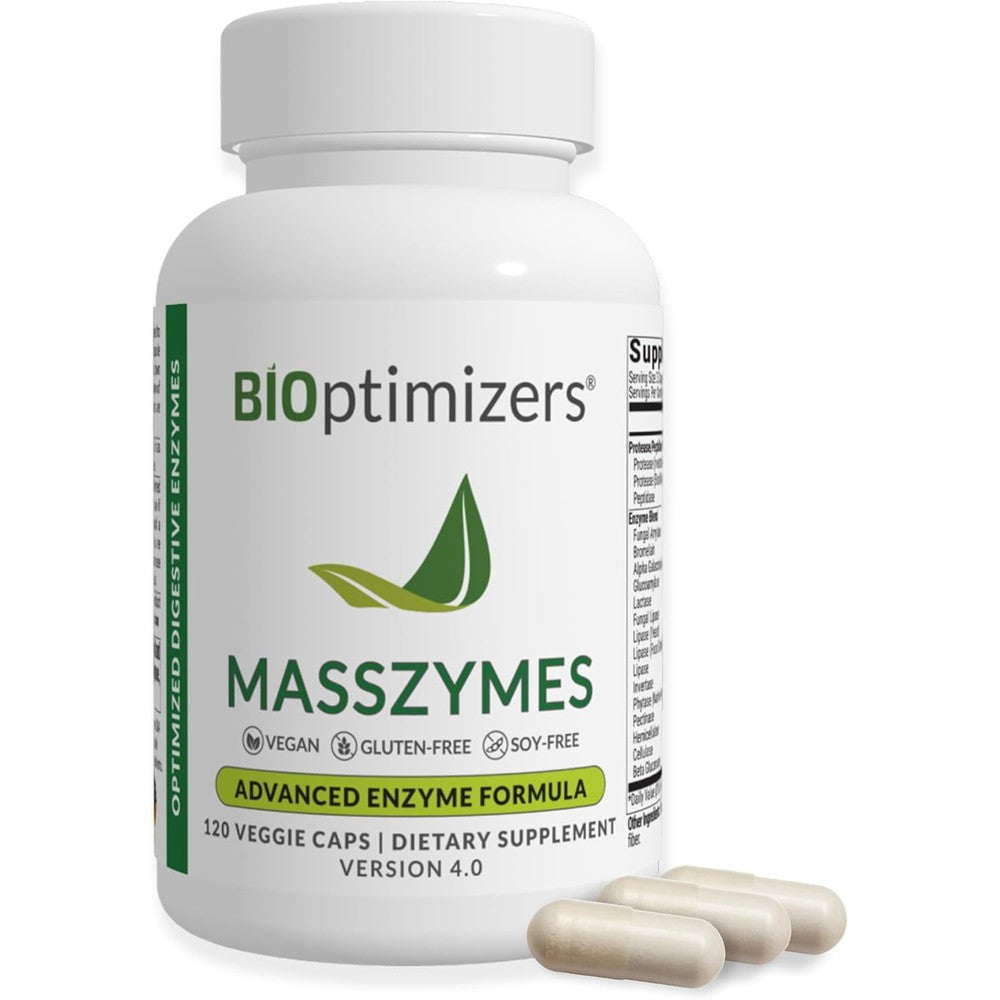 BIOptimizers MassZymes 120 Capsules bottle front view for gut health