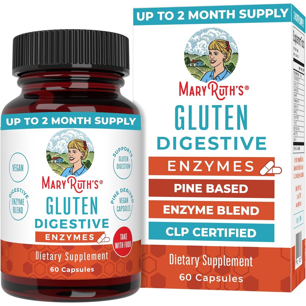 MaryRuth Organics Gluten Digestive Enzymes front view bottle for gut health support.