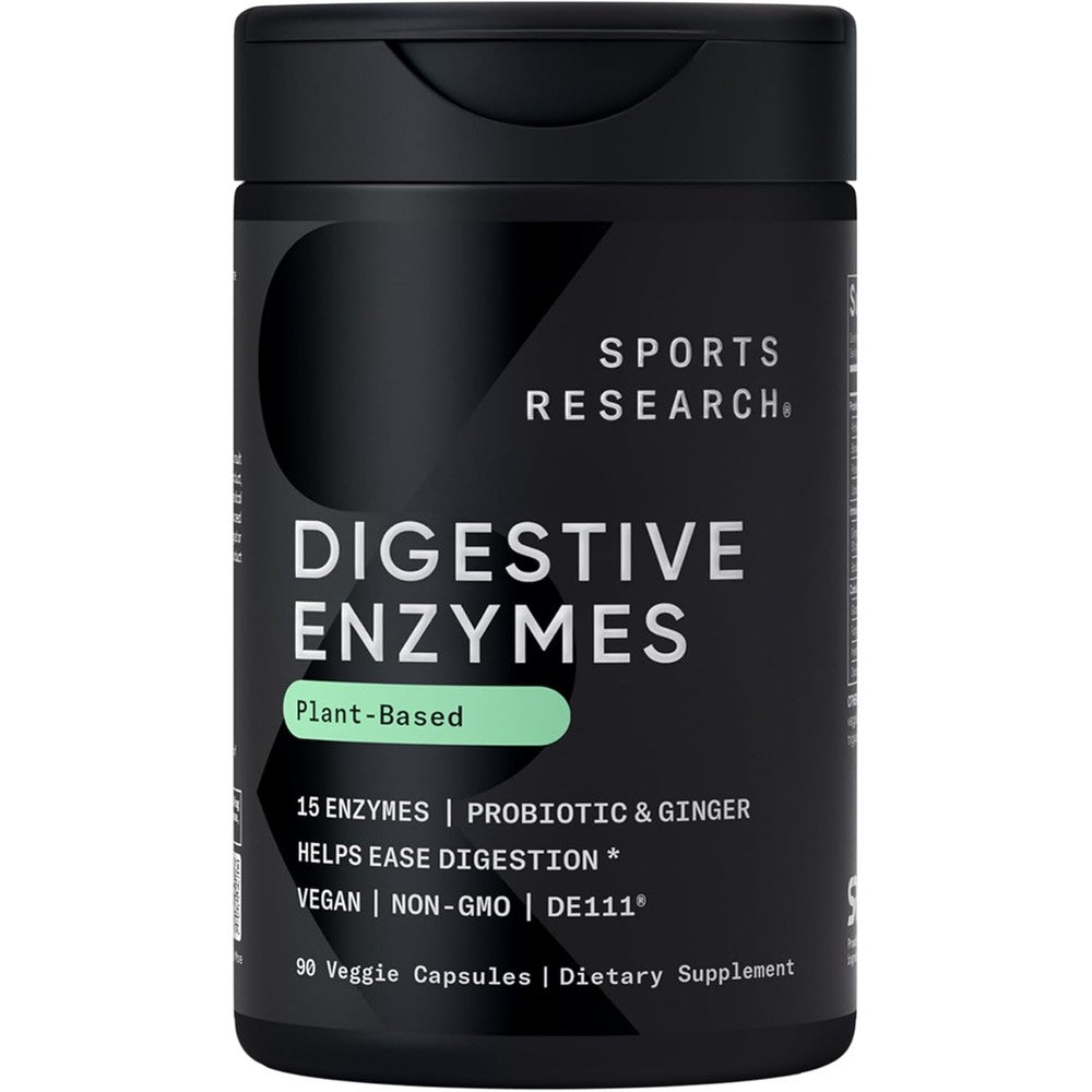 Sports Research Plant Based Digestive Enzymes front view of 90 veggie capsules bottle for gut wellness