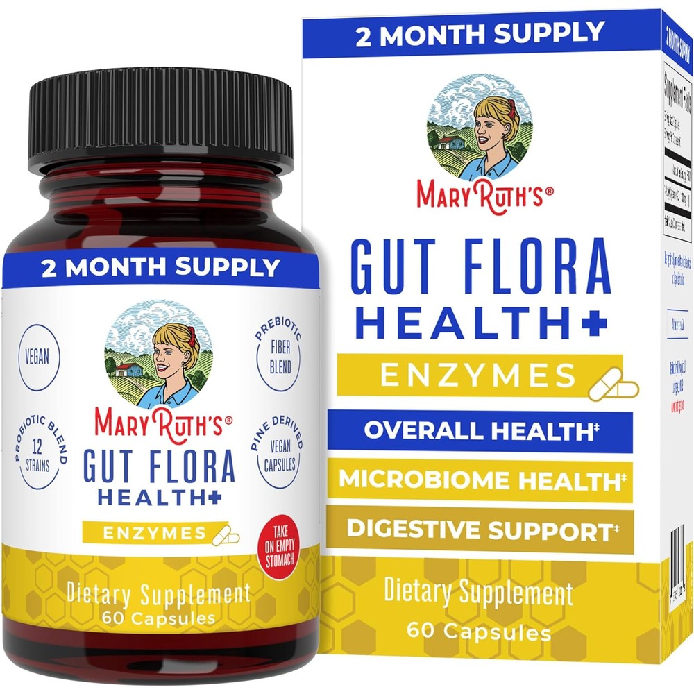 MaryRuth Organics Gut Flora Health Plus Enzymes bottle front view for digestive wellness.