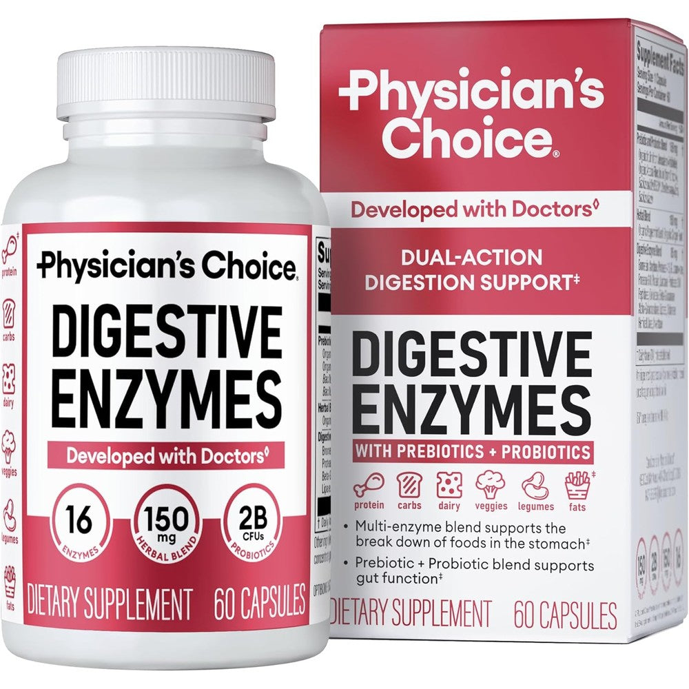 Physician's Choice Digestive Enzymes sixty capsules bottle front view for bloating relief