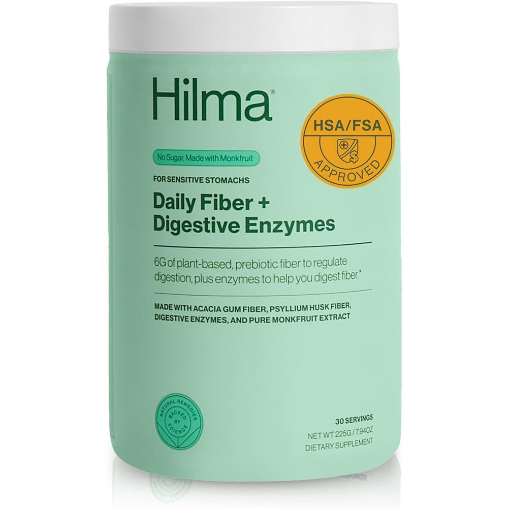 Hilma Daily Fiber and Digestive Enzymes Powder front view of container showing clean vegan branding.