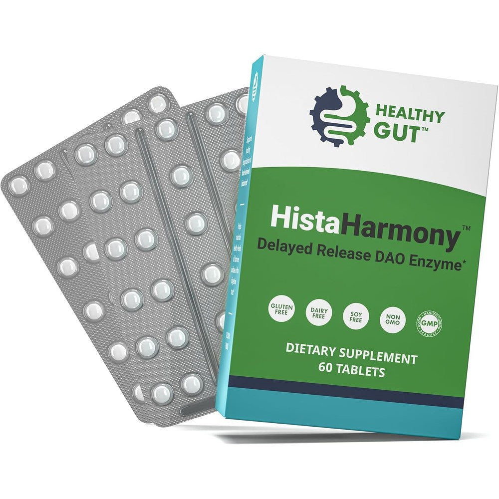 Healthy Gut HistaHarmony 60 tablets front packaging showing 30000 HDU enzyme supplement for histamine breakdown
