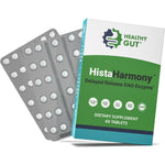 Healthy Gut HistaHarmony 60 tablets front packaging showing 30000 HDU enzyme supplement for histamine breakdown