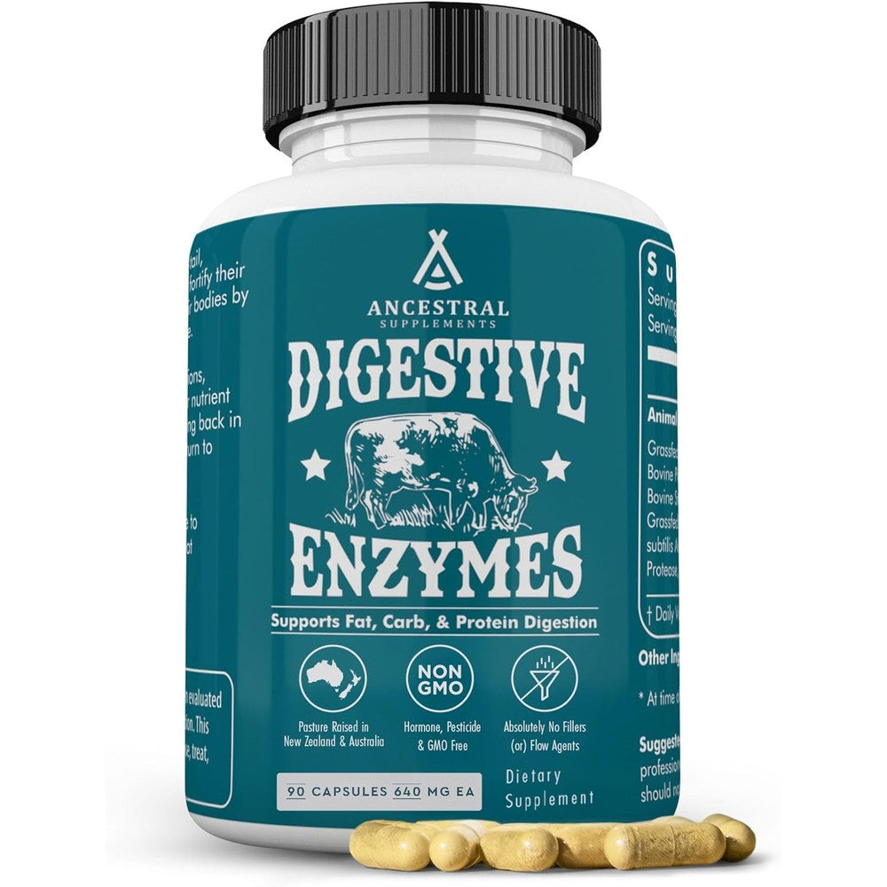 Ancestral Supplements Digestive Enzymes front view bottle for premium gut health support.