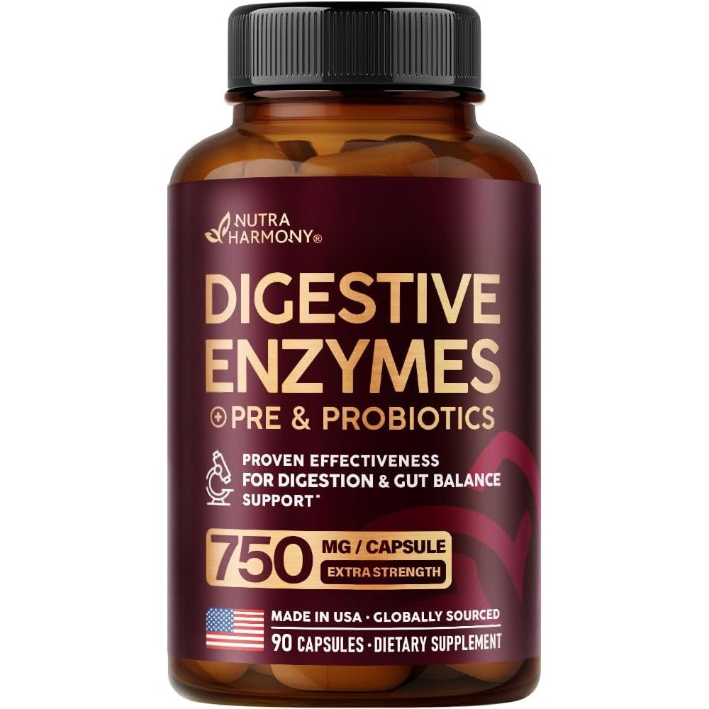 Nutraharmony Digestive Enzymes for Women 90 capsules front view packaging showing authentic USA import sticker