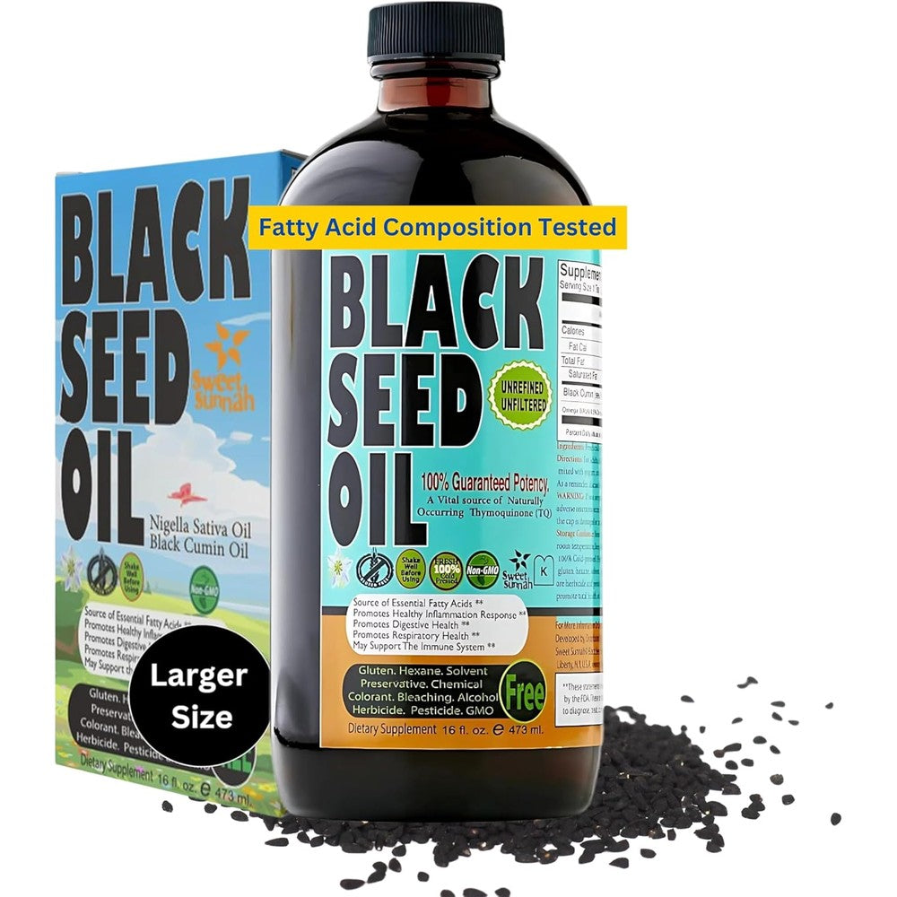 Sweet Sunnah Premium Black Seed Oil front view of sixteen ounce amber glass bottle