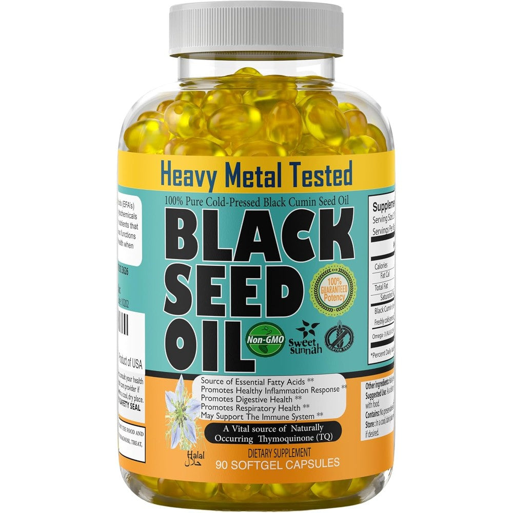 Sweet Sunnah Black Seed Oil Capsules 1000mg front view bottle containing 90 softgels for daily immune support.