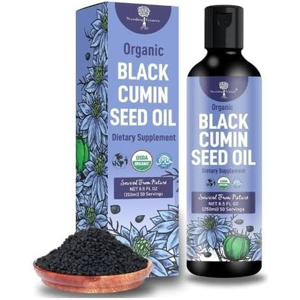 Nourishing Nutrients Organic Black Cumin Seed Oil front view bottle of pure cold pressed dietary supplement.