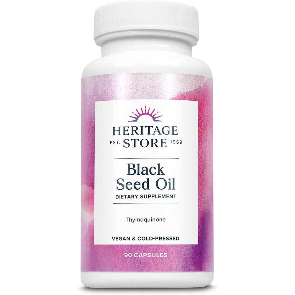 Heritage Store Black Seed Oil 90 Capsules front view bottle showing premium immune and joint support packaging