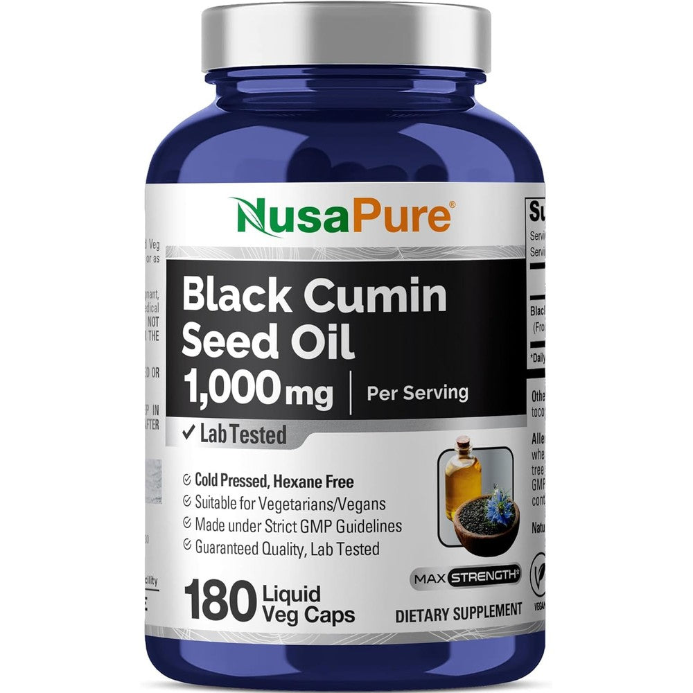 NusaPure Black Seed Oil 1000mg 180 vegetarian capsules front bottle view