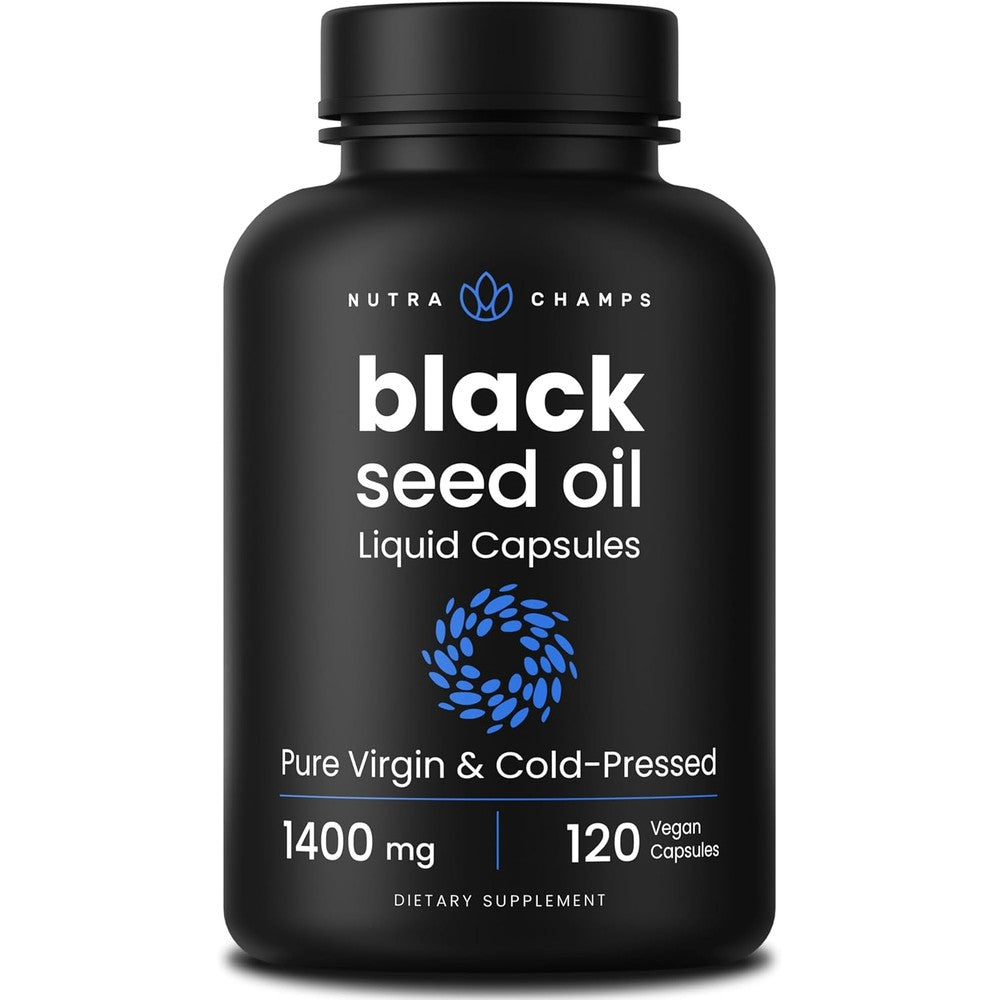 NutraChamps Organic Black Cumin Seed Oil 120 vegan liquid capsules front view bottle packaging