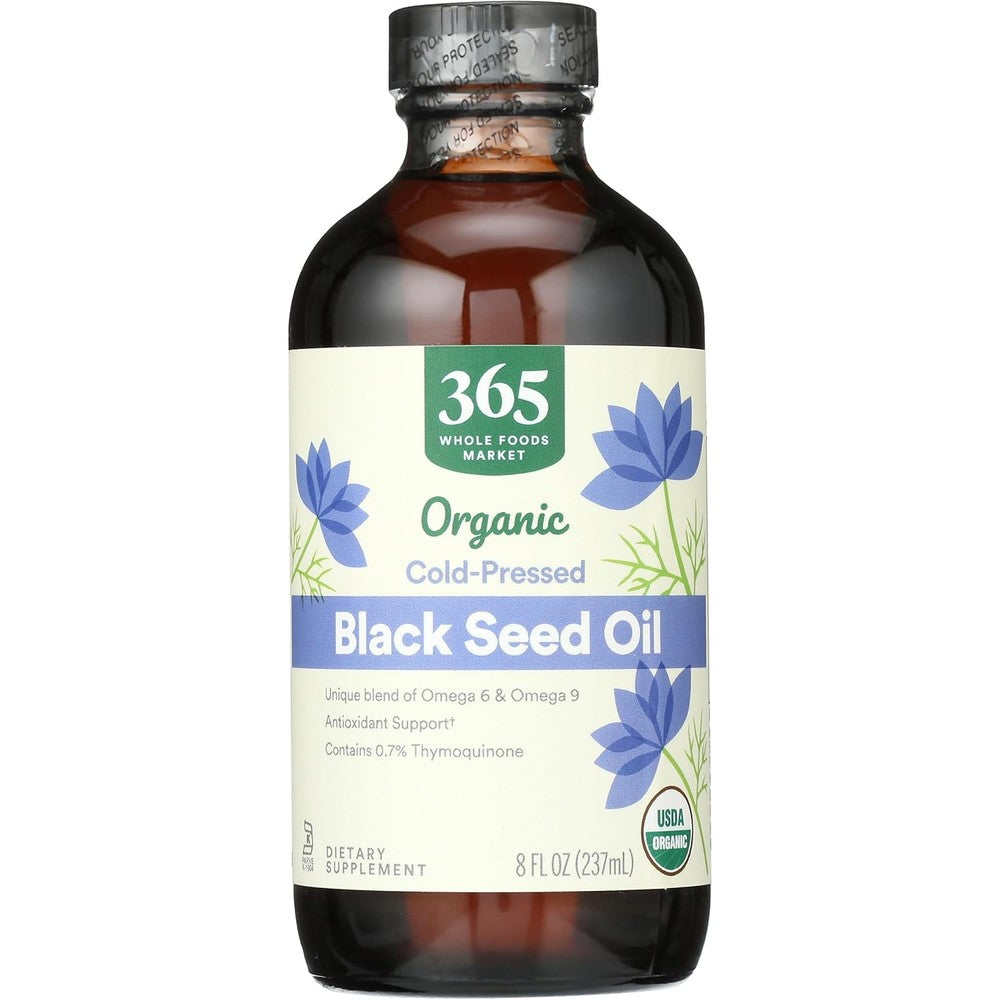 Whole Foods Market Organic Black Seed Oil front view bottle showing premium cold-pressed supplement packaging