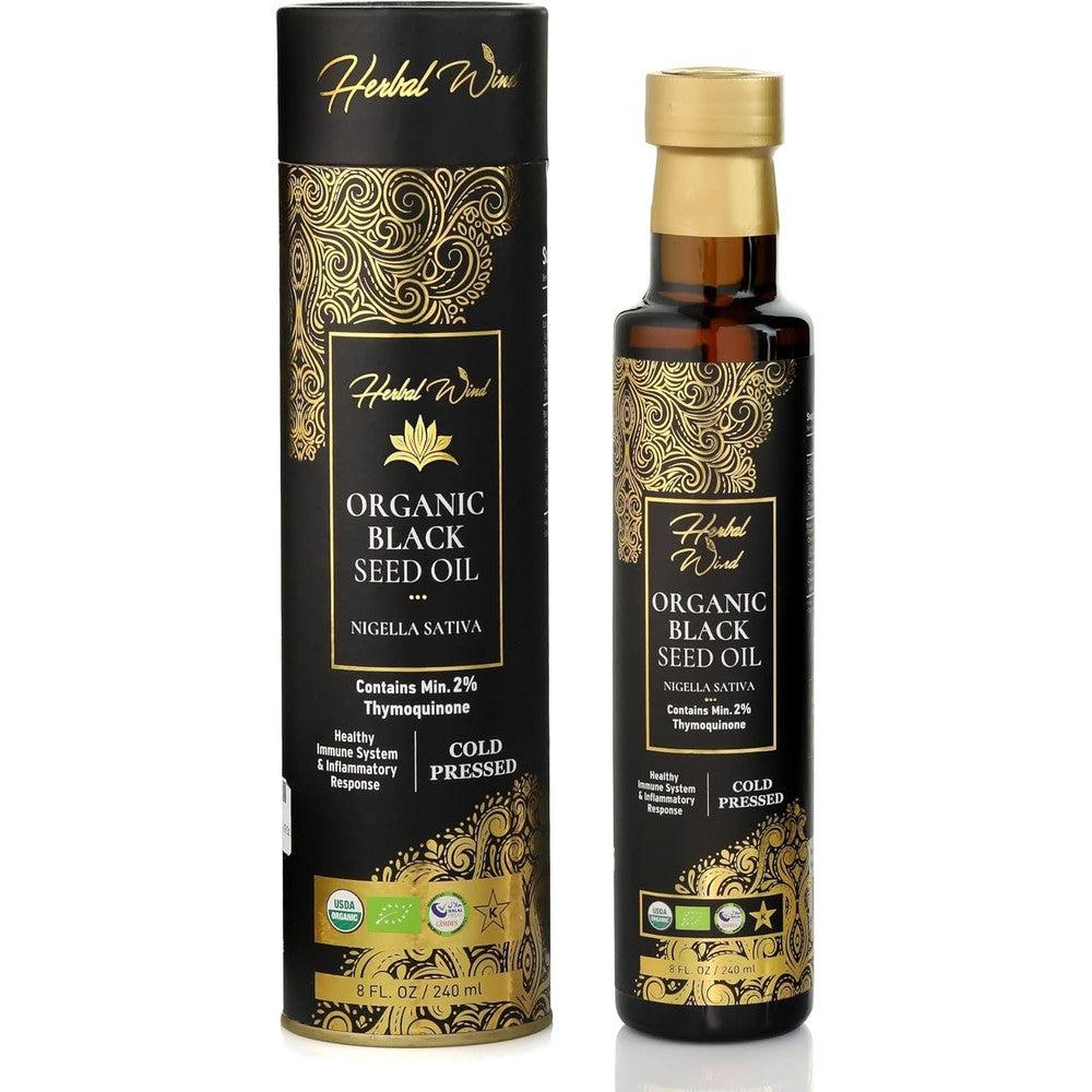 Herbal Wind Black Seed Oil 8 Fluid Ounce front bottle view showing USDA Organic seal.