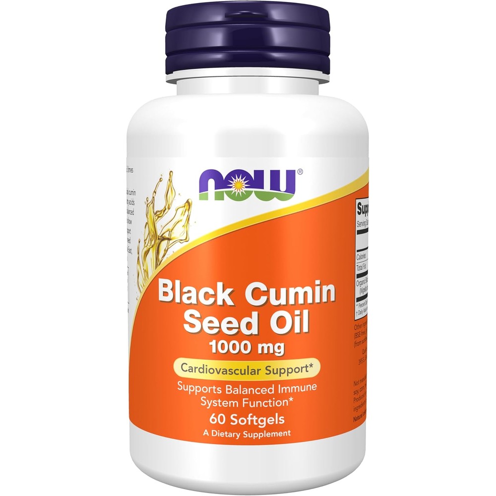 Now Foods Black Cumin Seed Oil 1000mg 60 softgels front view showing clear brand labels