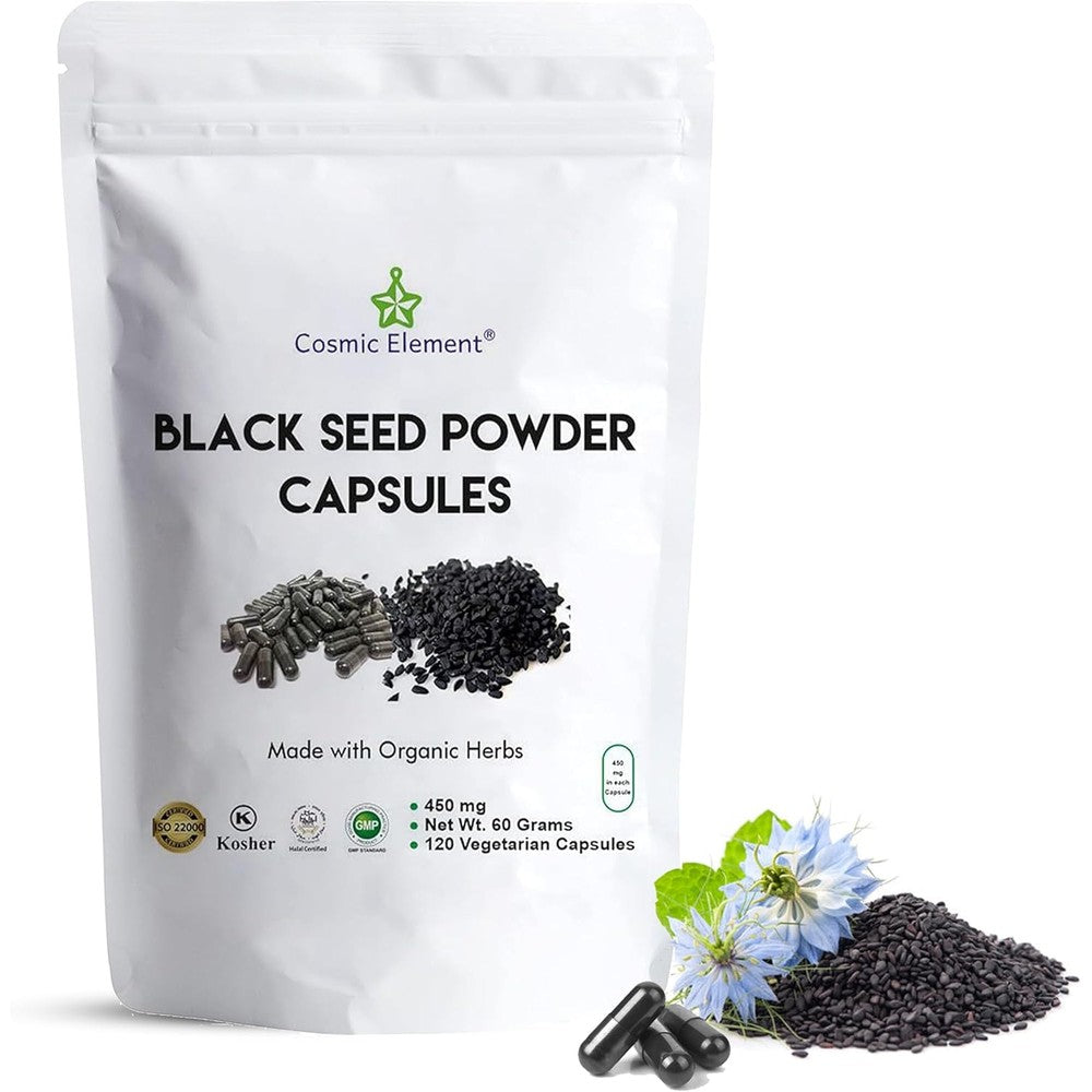 Cosmic Element Organic Black Seed Powder Capsules front view bottle for immune support