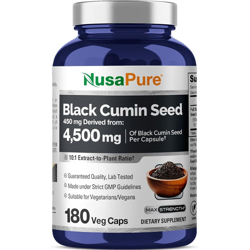 NusaPure Full Spectrum Black Cumin Seed 180 capsules front view showcasing the main product label.