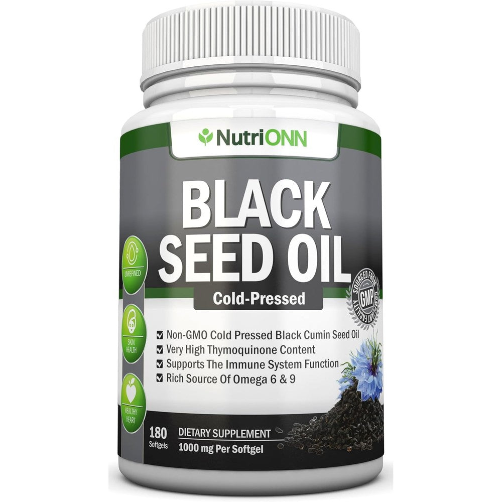 NutriONN Black Seed Oil 180 softgels bottle front view for premium immune support.