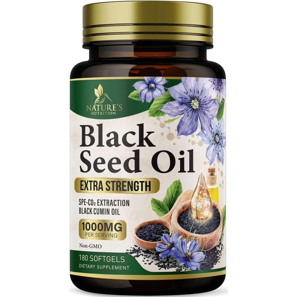 Nature's Nutrition Black Seed Oil 180 softgels bottle front view showcasing immune support supplement