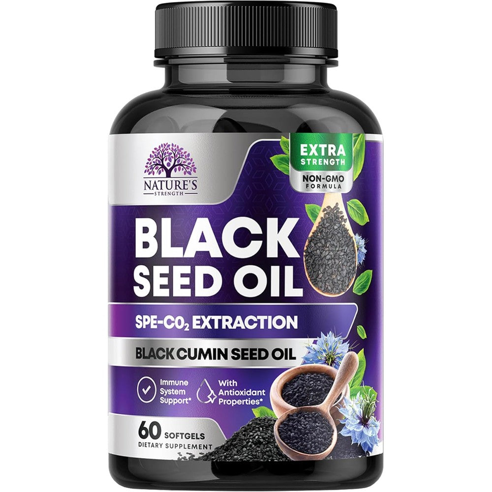Nature's Strength Black Seed Oil 1000mg supplement bottle front view showing purple label