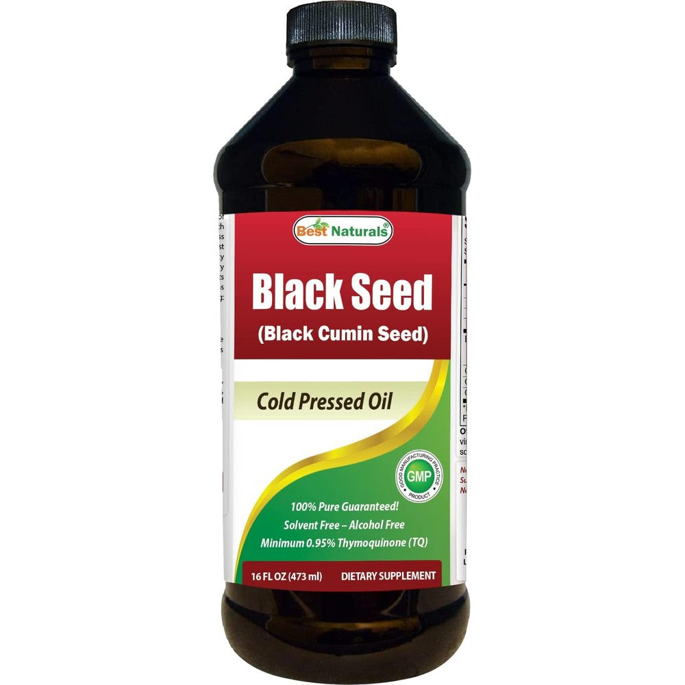 Best Naturals Cold Pressed Black Seed Oil 16 Fluid Ounces front view bottle showing premium thymoquinone dietary supplement