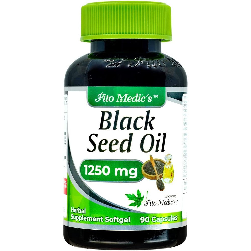 Fito Medics Black Seed Oil Capsules ninety softgels front bottle view for immune system support.