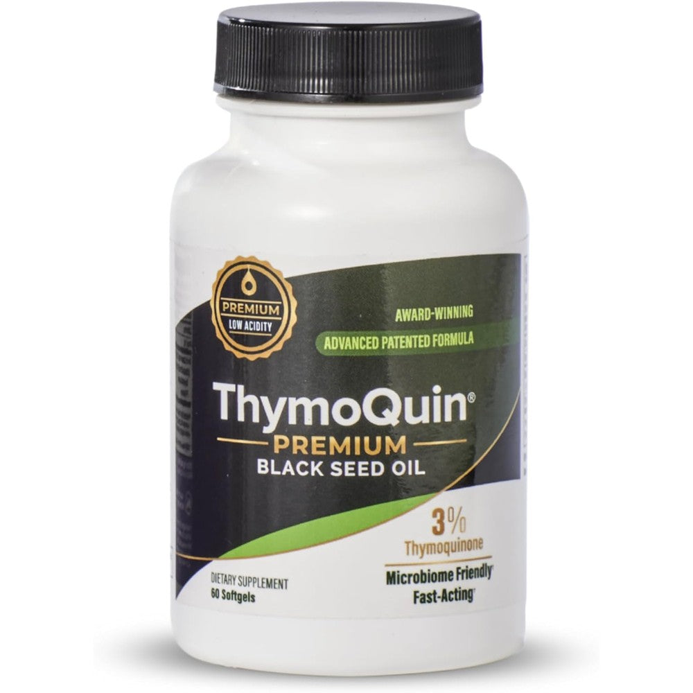 ThymoQuin Premium Cold Pressed Black Seed Oil 60 softgels bottle front view highlighting the 3 percent thymoquinone standard formulation.