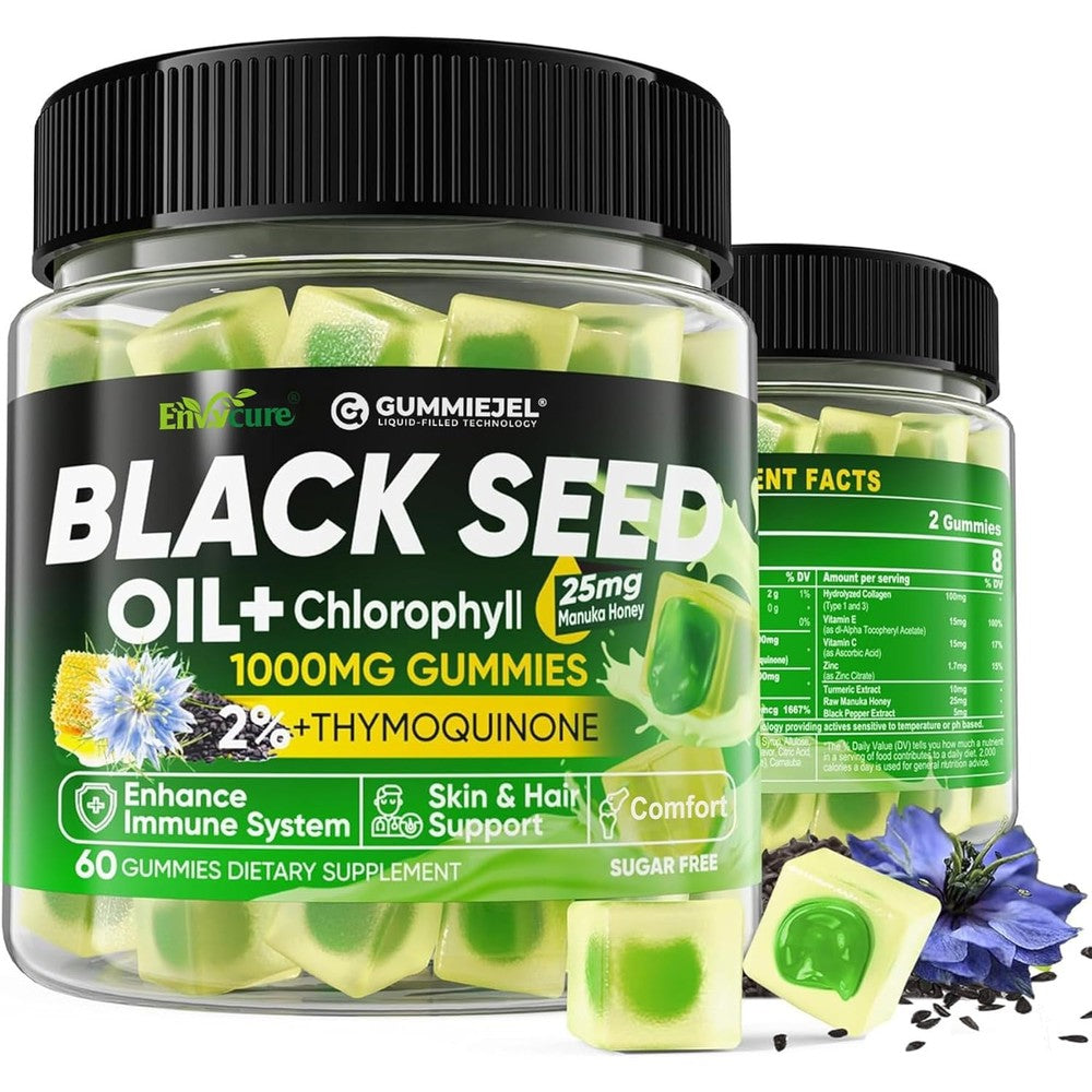 EnvyCure black seed oil and chlorophyll gummies bottle front view for immune wellness