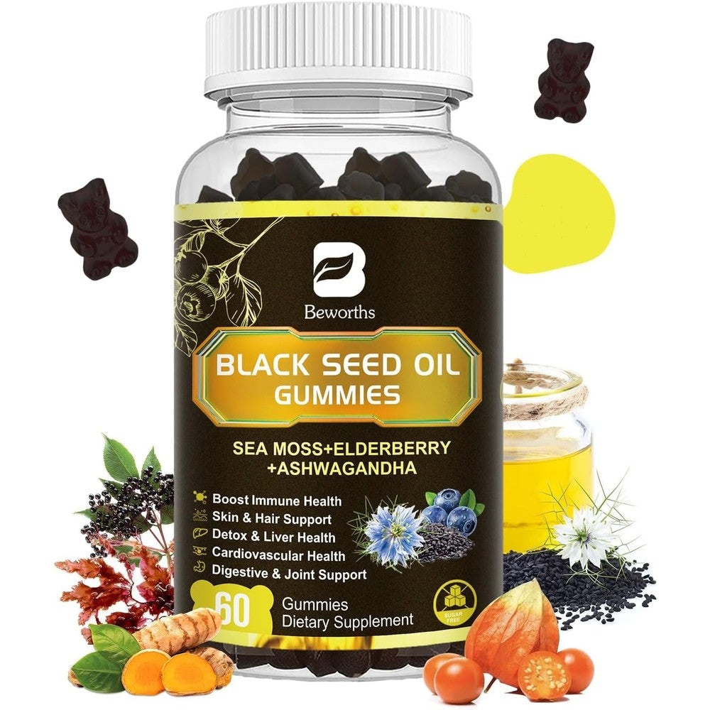 B Beworths Black Seed Oil Gummies bottle front view showing authentic imported wellness supplement packaging