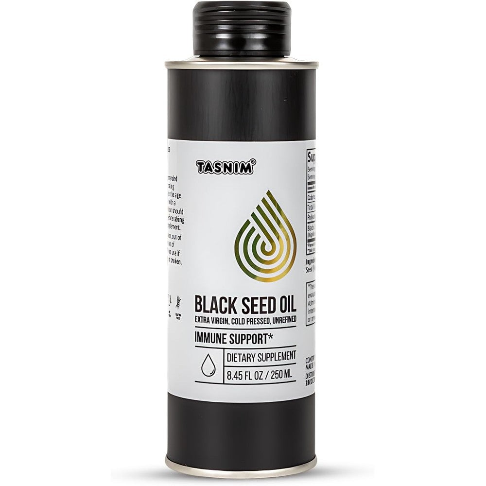 Tasnim Cold Pressed Ethiopian Black Seed Oil front bottle view for immune support