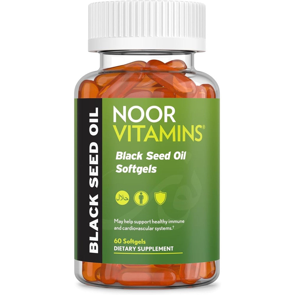 Noor Vitamins Halal Black Seed Oil 1000mg front view of bottle for immune support