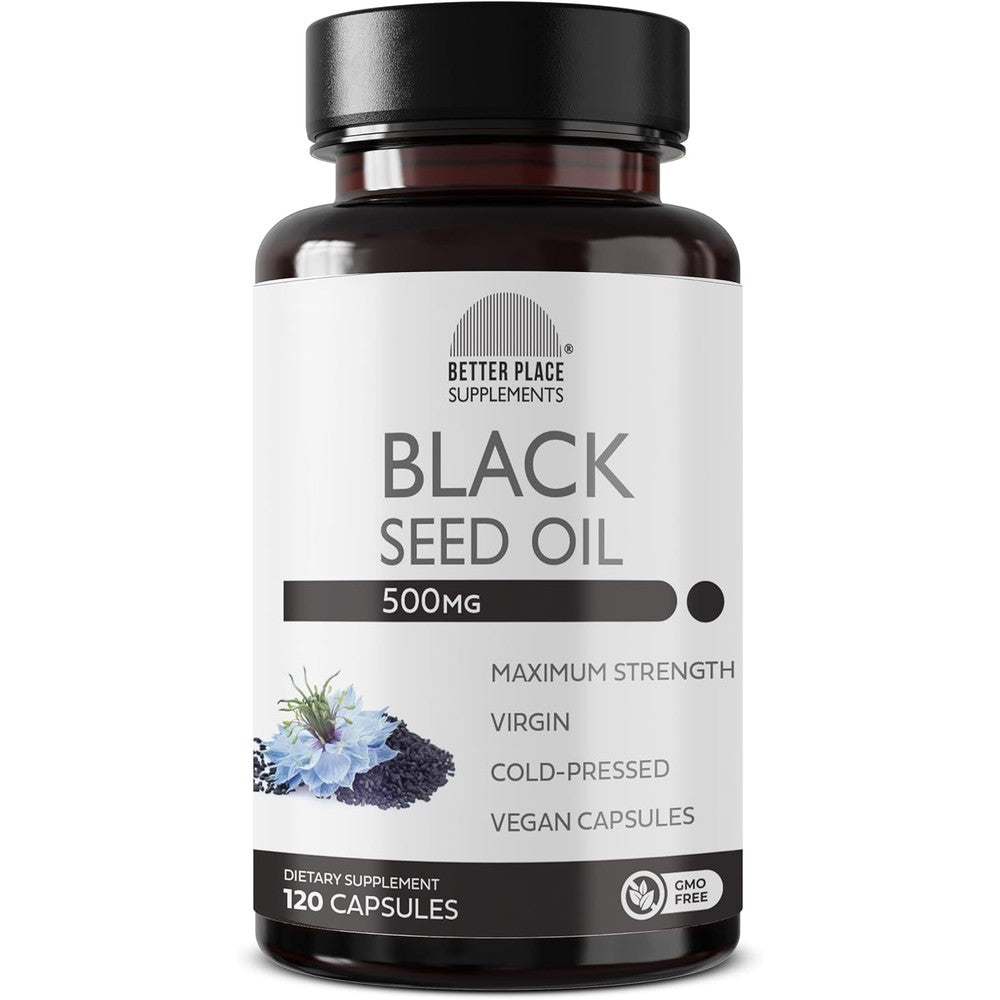 Better Place Organics Cold Pressed Black Seed Oil 120 capsules front view bottle showing premium white label packaging.