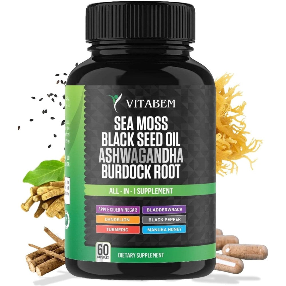 BIYODE Vitabem Sea Moss Black Seed Oil Ashwagandha Turmeric 60 Capsules front packaging view for premium daily health supplementation.