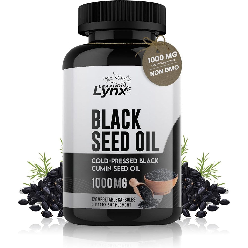 Leaping Lynx Black Seed Oil 1000mg bottle front view for immune support.