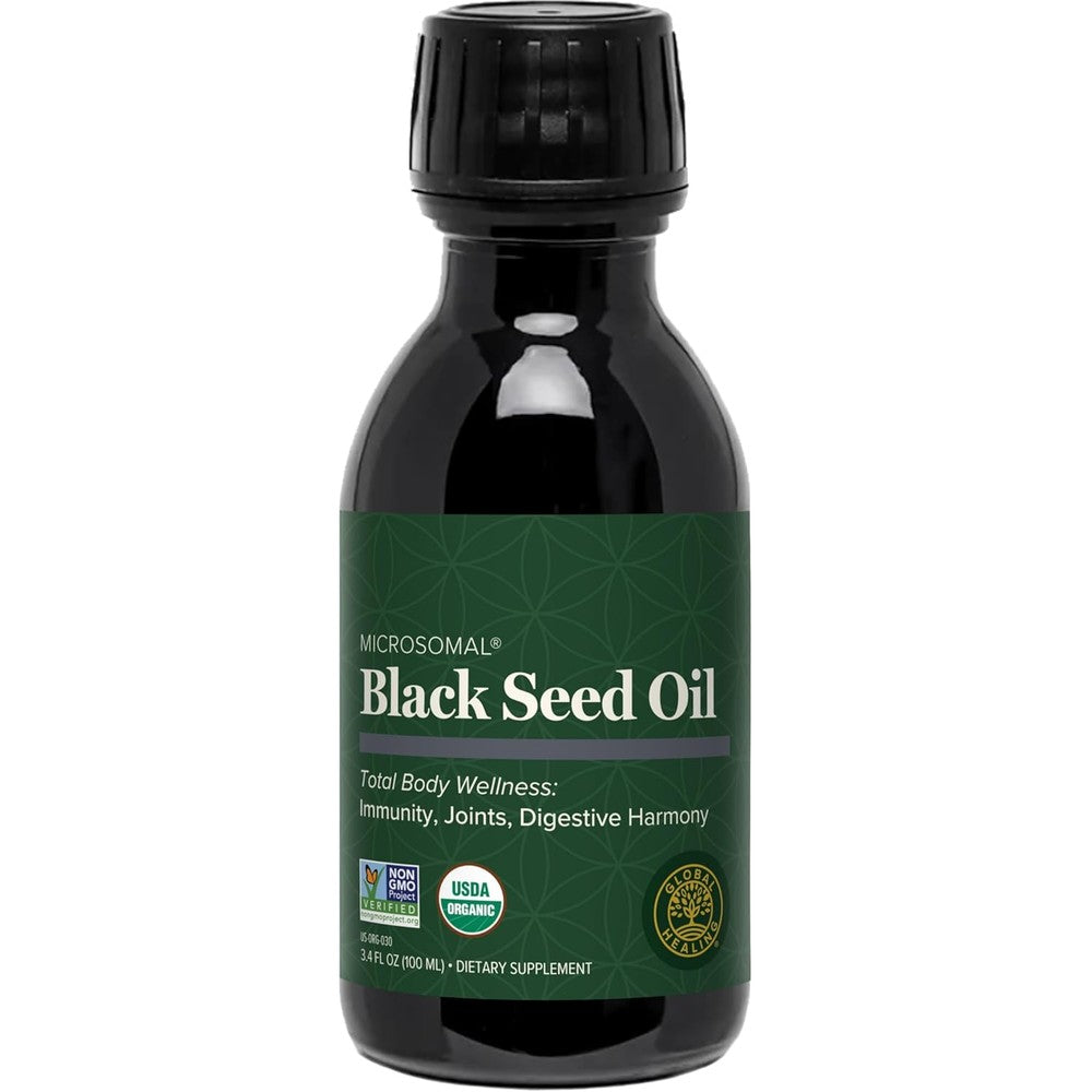 Global Healing Organic Cold Pressed Black Seed Oil front view bottle for immune support