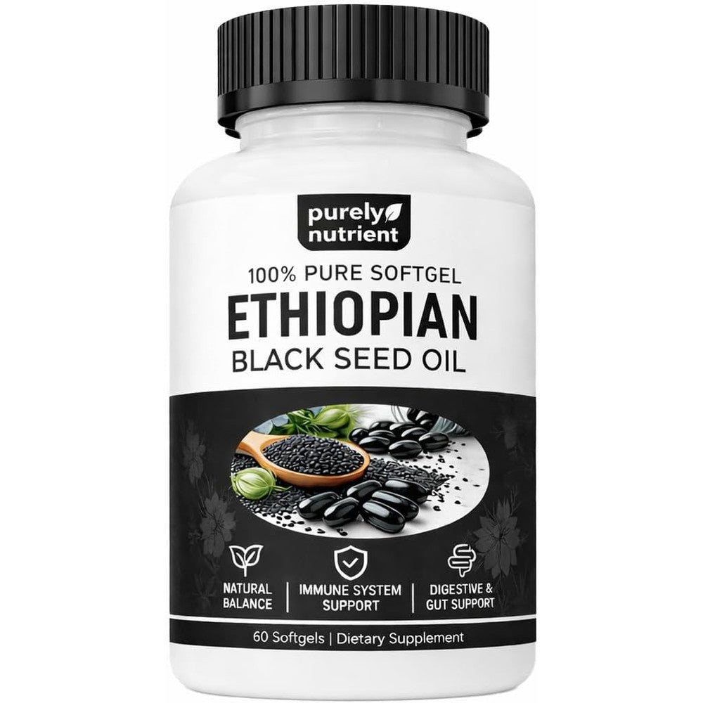 Purely Nutrient Ethiopian Black Seed Oil 60 Capsules bottle front view showing 4.64 percent thymoquinone content for immune support.