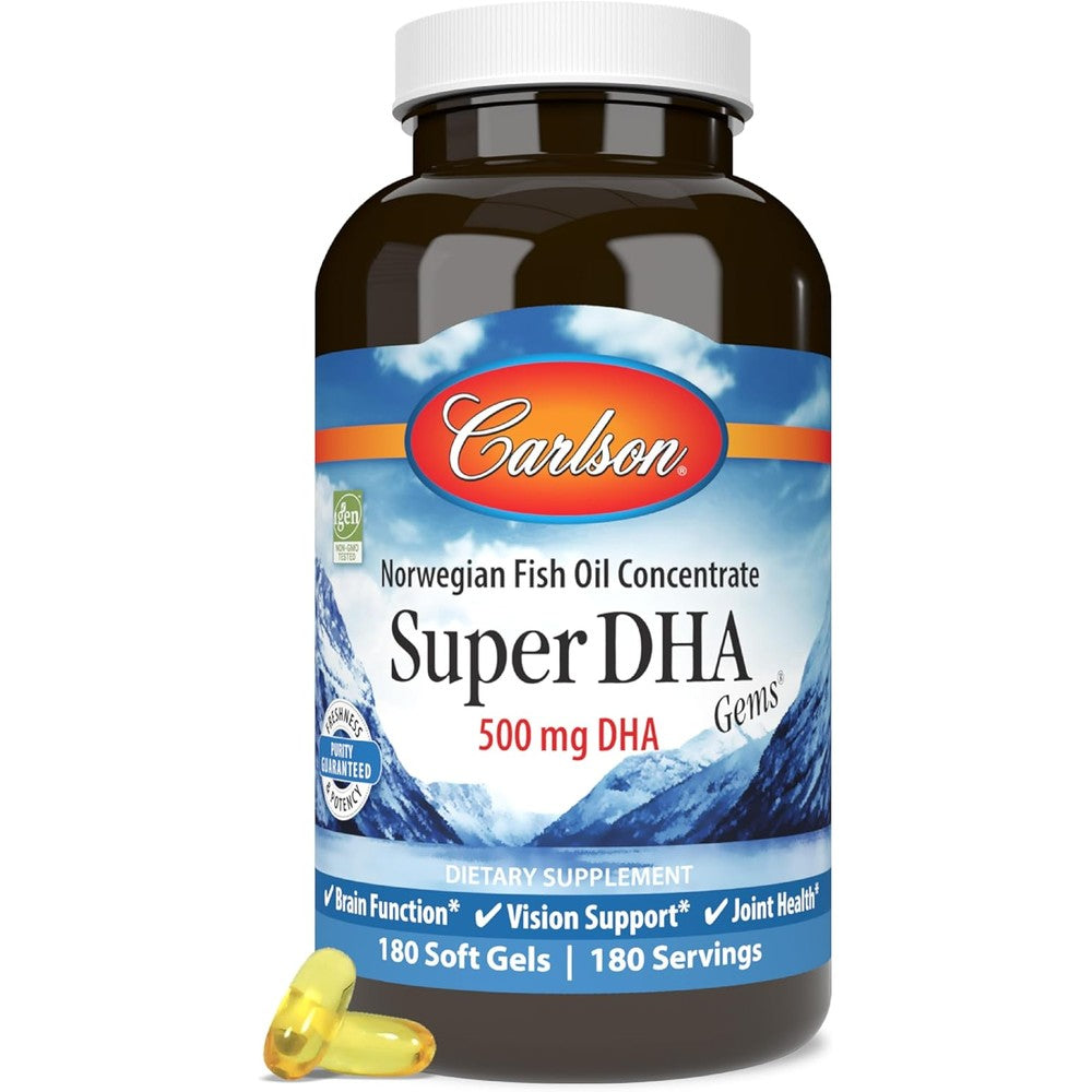 Carlson Labs Super DHA 500 mg 180 softgels front view bottle of Norwegian fish oil concentrate