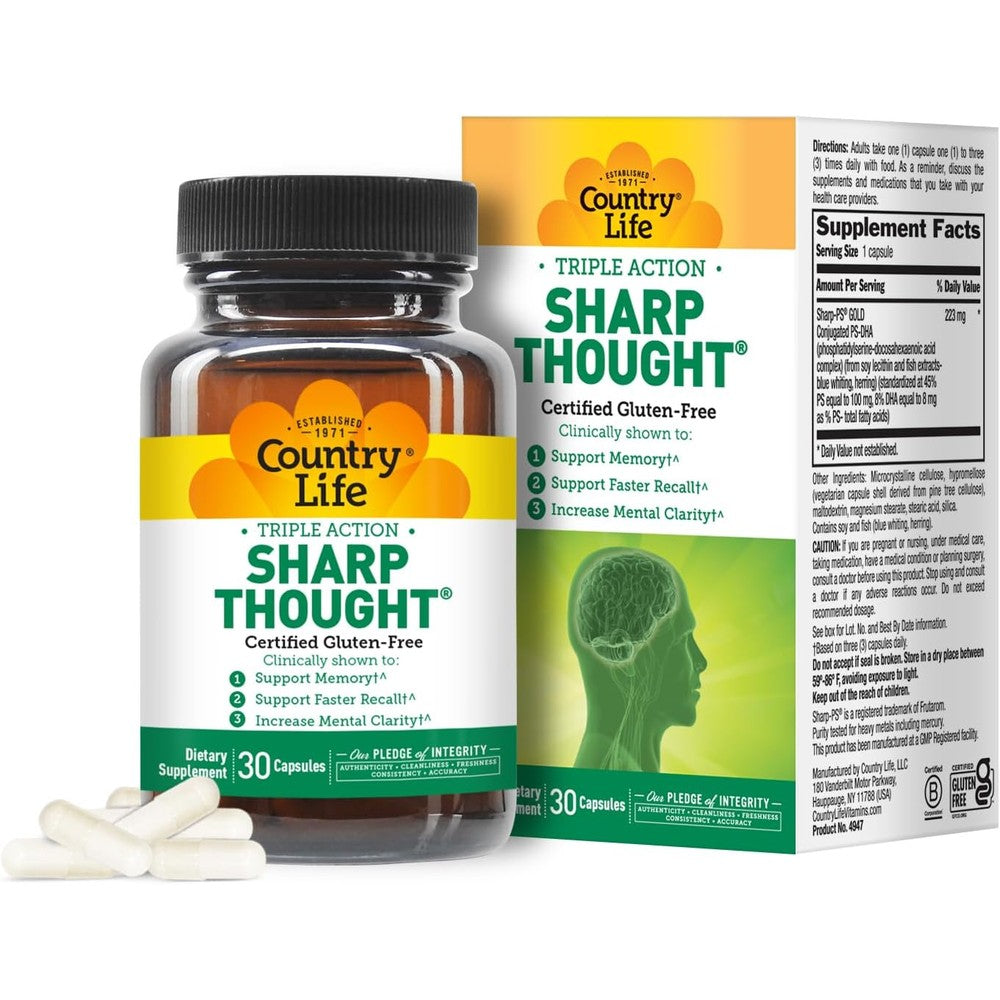 Country Life Sharp Thought Cognitive Support 30 Capsules front bottle view for memory enhancement