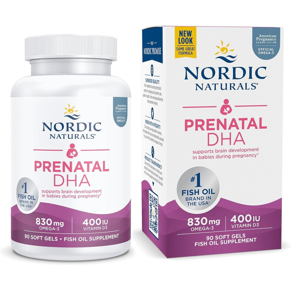 Nordic Naturals Pro Prenatal DHA ninety softgels bottle front view displaying prenatal omega three supplement details.