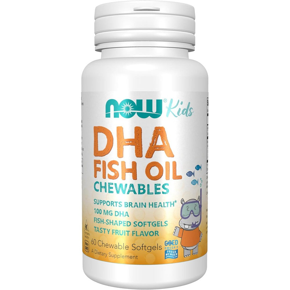 Now Foods Kids DHA 100 mg 60 chewable softgels front bottle view for children brain health