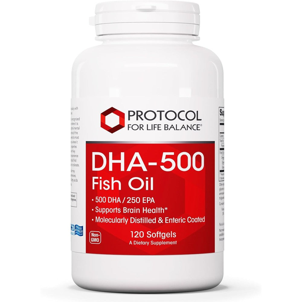 Protocol For Life Balance DHA 500mg front bottle view showcasing premium omega 3 fish oil capsules