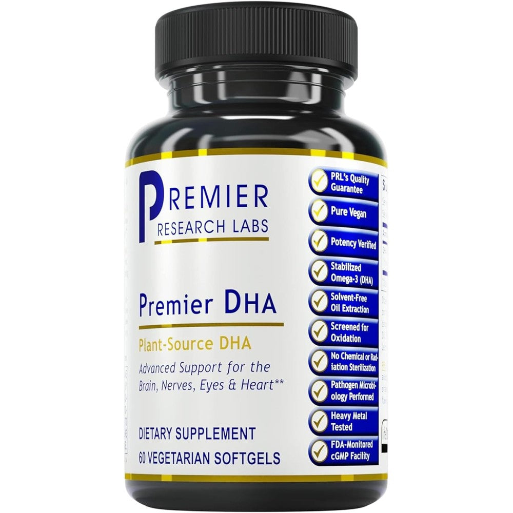 Premier Research Labs Vegan DHA 60 Softgels front view bottle of plant-sourced omega 3 supplement