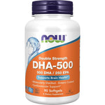 NOW Foods DHA 500 Double Strength 90 Softgels front view bottle pack for brain health support.