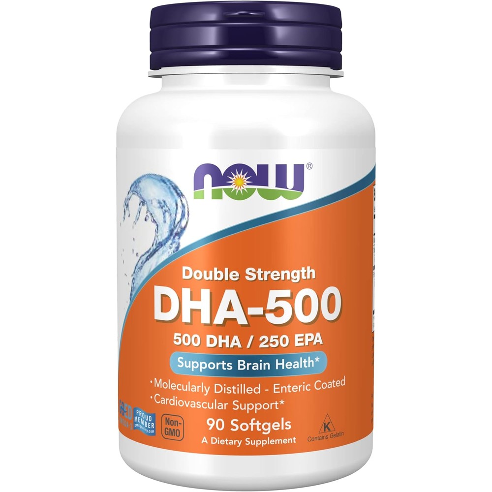 NOW Foods DHA 500 Double Strength 90 Softgels front view bottle pack for brain health support.