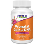 NOW Foods Prenatal Gels and DHA 90 softgels front view showcasing imported premium prenatal multivitamin packaging.