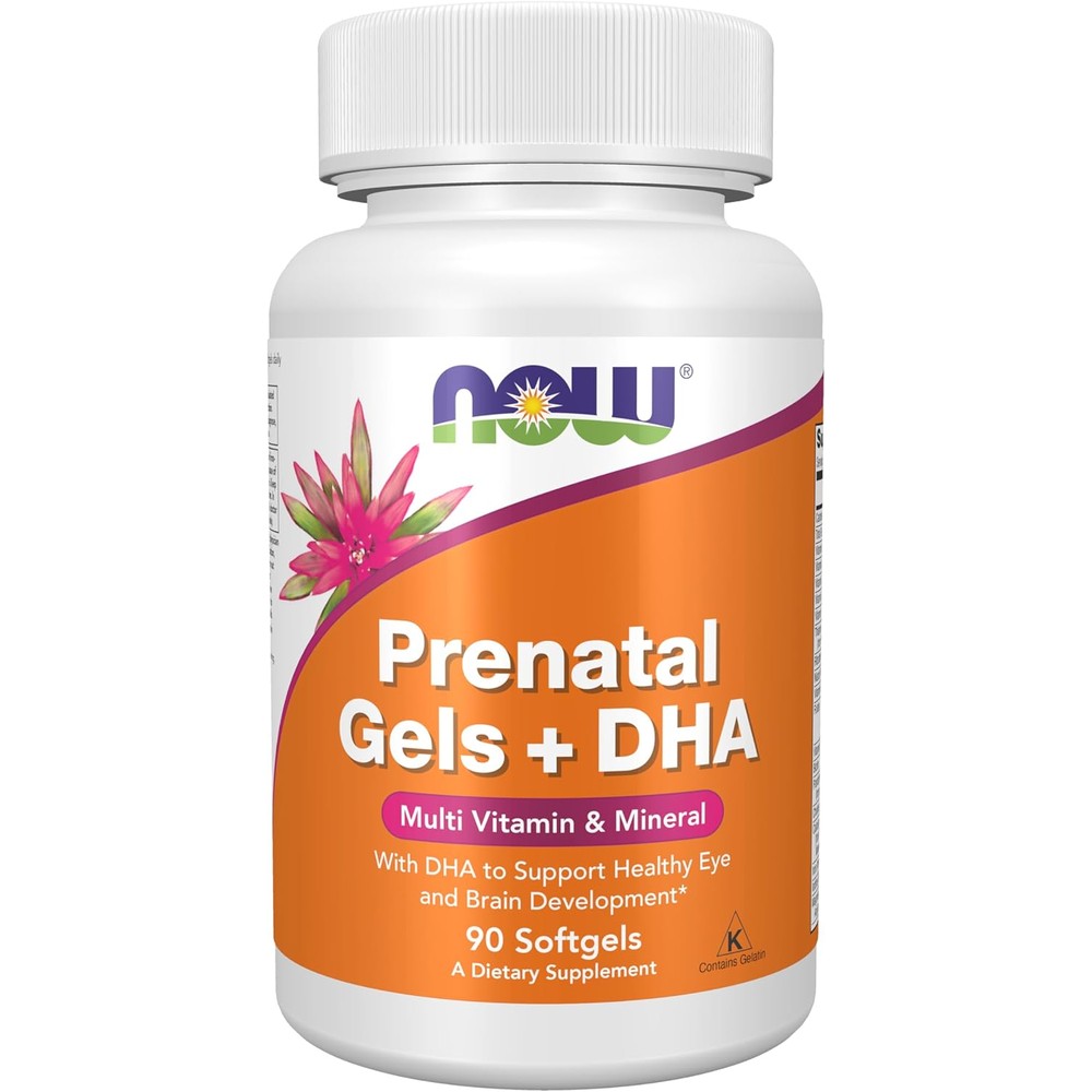 NOW Foods Prenatal Gels and DHA 90 softgels front view showcasing imported premium prenatal multivitamin packaging.